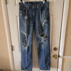 Levi's 514 Jeans Mens 33x32 Blue Distressed Denim Straight Leg Ripped Grunge Y2K